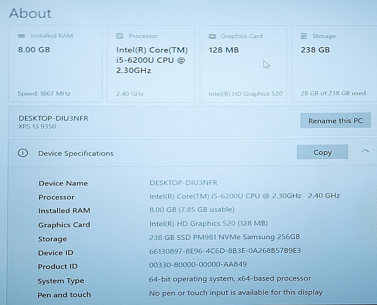 Dell XPS 13 9350 Laptop 13" FHD i5-6200U 8GB RAM 256GB SSD Win10 Pro (G) - Image 5