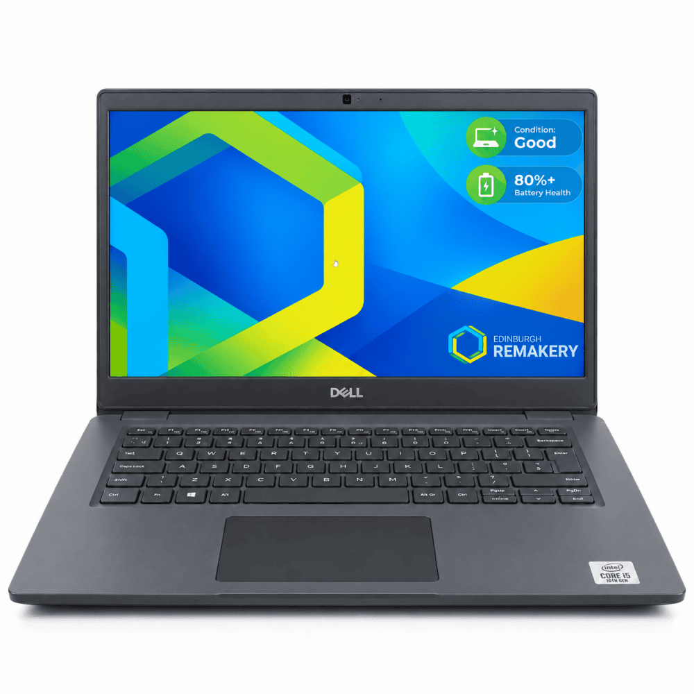 a grey laptop with colourful geometric screensavr on a white studio backdrop