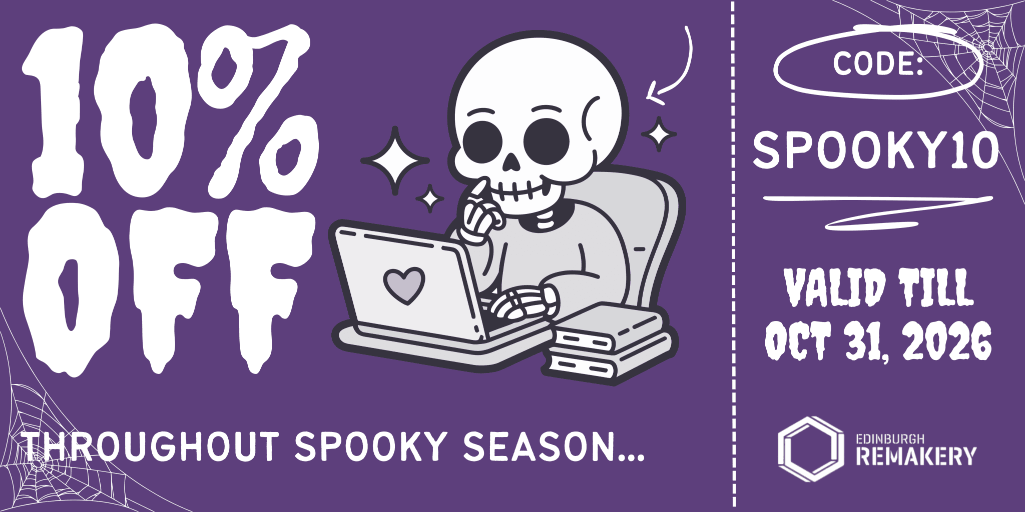 A banner showing discount code for halloween with image of a skeleton on a laptop.