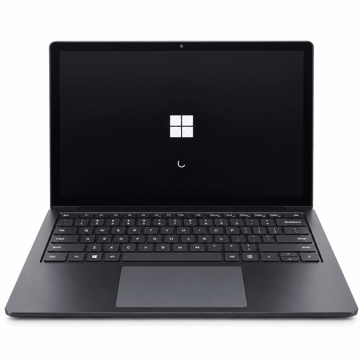 a black laptop on a blank white studio backdrop