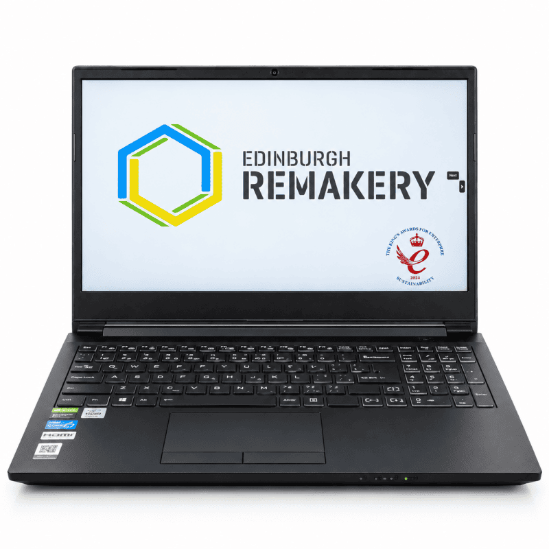 A black gaming laptop on a white studio backdrop